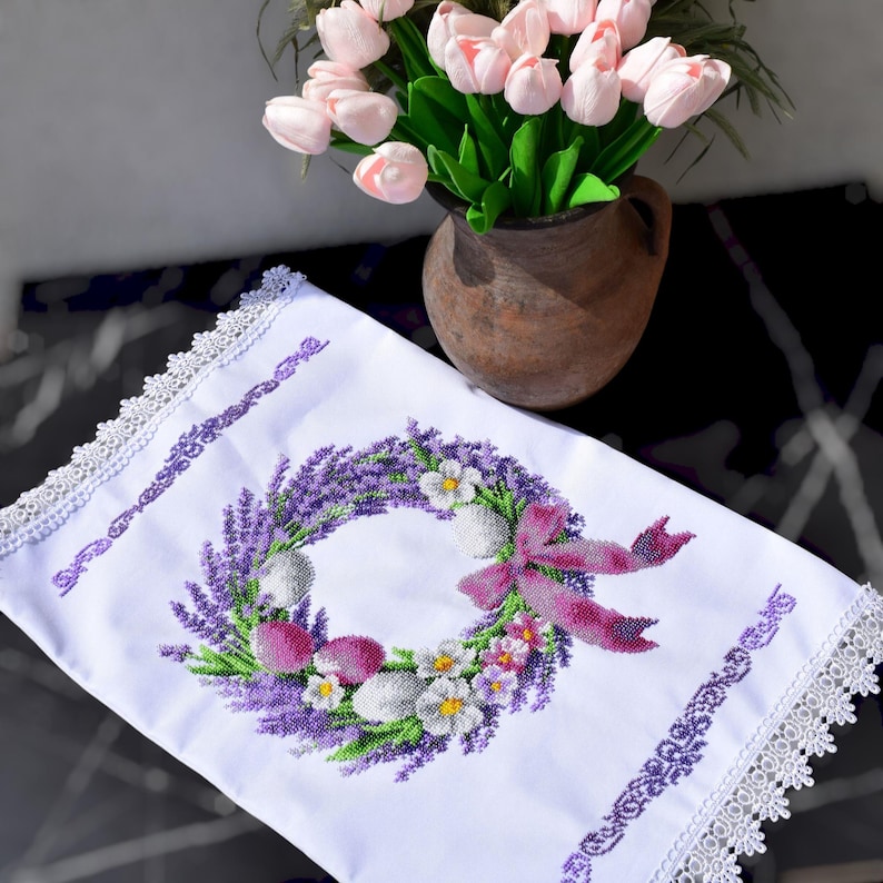 Lavender Beaded Easter Basket Cover with Egg and Flower Wreath, Handmade Satin Cloth with White Lace, Spring Holiday Christian Decoration