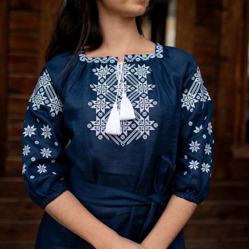 Blue linen dress with white embroidery, Dress Vyshyvanka, Handmade clothing, Dress with pockets, Ukraine ornament, 3/4 sleeve dress