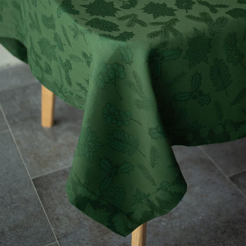 Dark green Christmas tablecloth with Holly Pine jacquard pattern, Elegant rectangular holiday dining room decor, Winter table cover