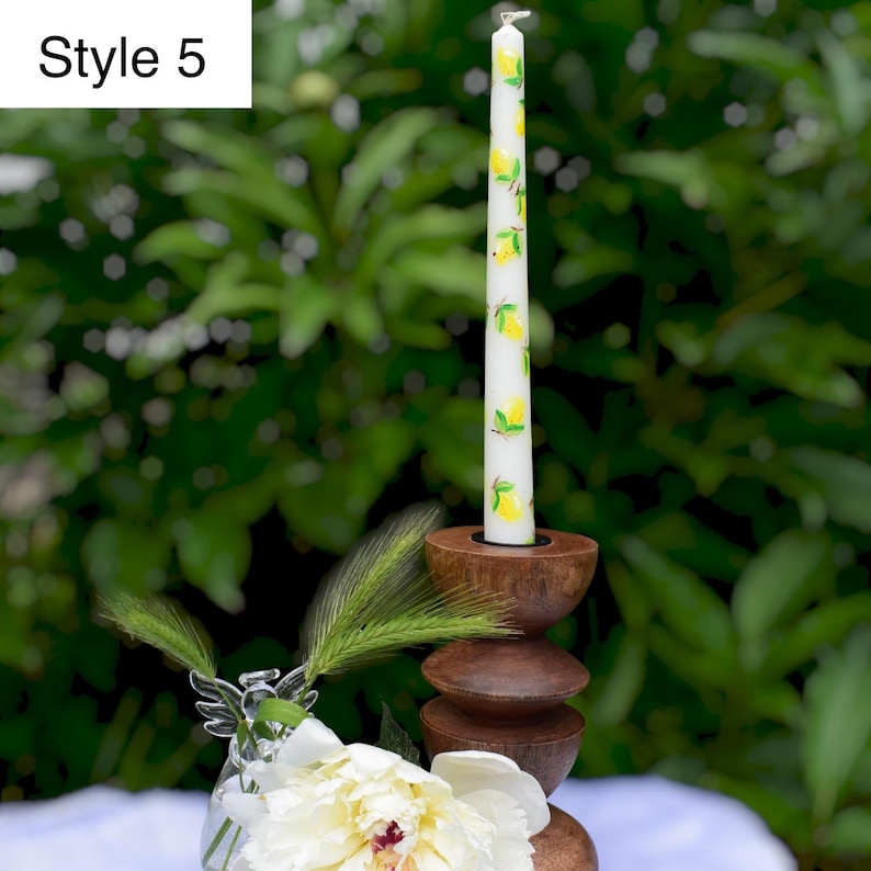 Hand painted lemon taper candle, Fresh citrus dinner candle with lemons and leaves, Decorative table centerpiece, 22cm height 2cm base