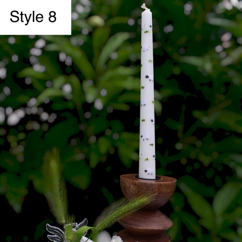 Floral taper candle with blue flowers, 22 cm white decorative dinner candle, Elegant table centerpiece, Wedding decor, 2 cm base fit