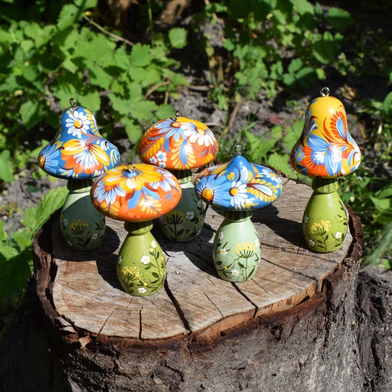 Hand Painted Wooden Mushroom Ornaments, Folk Floral Decor, Set of 6