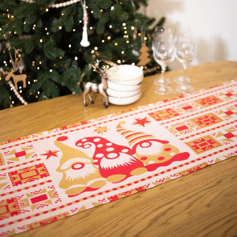 Scandinavian Gnomes Christmas Table Runner, Red and Gold Nordic Decor
