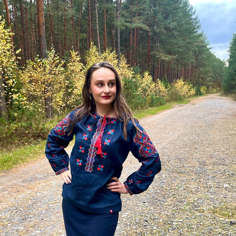 Ukrainian Vyshyvanka embroidered blouse in navy, Floral folk cloth with tassel tie neck, Boho peasant shirt linen style
