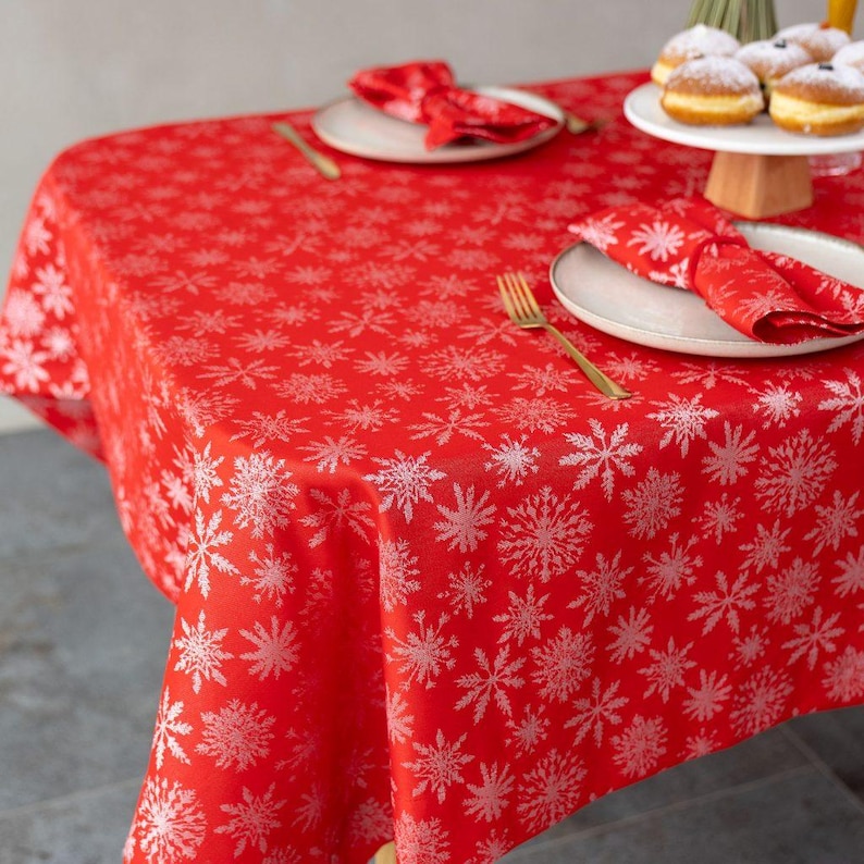 Red Christmas Tablecloth, White Snowflakes, Holiday Dining Decor