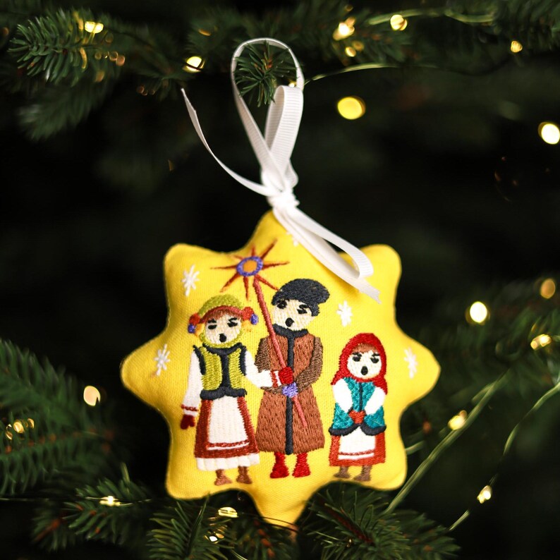 Handmade star Christmas ornament with carolling children embroidery, Folk nativity decoration, Ukrainian Christmas tree decor
