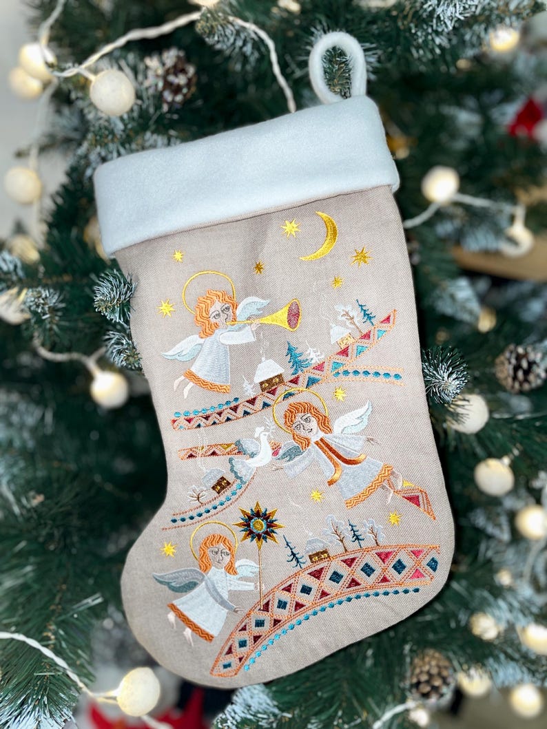 Embroidered Christmas Stocking, Angel Holiday Stocking, Personalized Xmas Decor, Rustic Linen Mantel Sock, Folk Christmas Gift