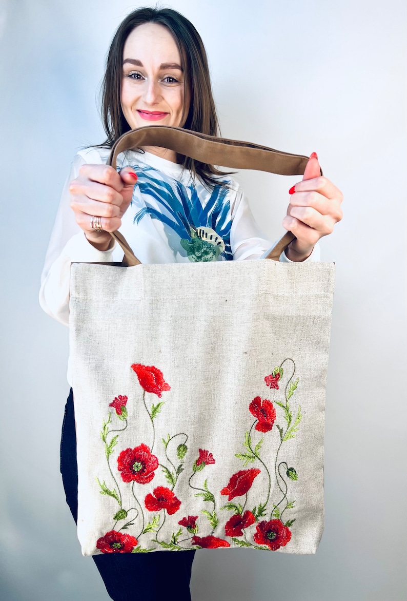 Embroidered Linen Tote Bag, Red Poppy Floral Shoulder Bag