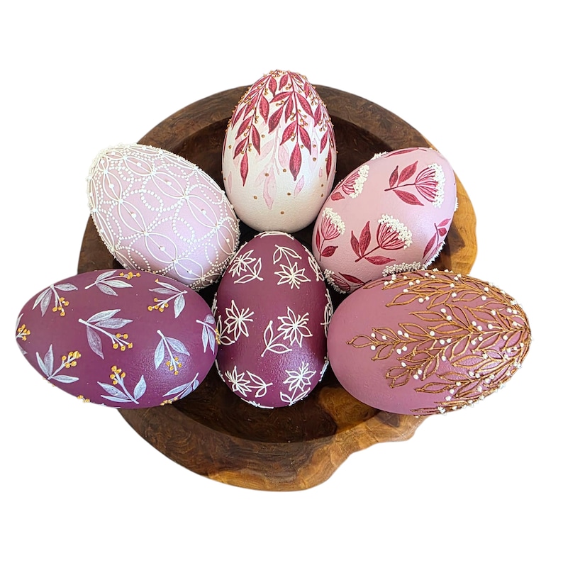 Spring home decor egg set in pink tones, Hand painted floral eggs, Artisan table accent