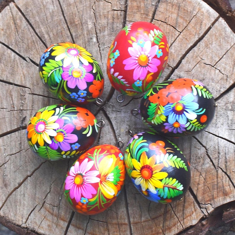 Hand Painted Floral Wooden Egg Ornaments, Ukrainian Folk Art, Set of 6