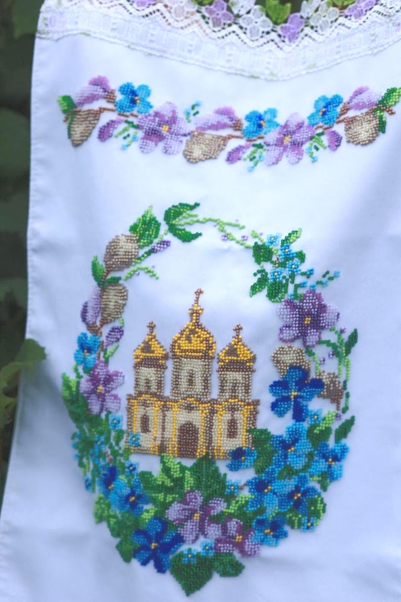 Finished Beaded Easter Towel with Church, Ukrainian Religious Embroidery, Handmade Bead Embroidery Cloth, Christian Easter Decor