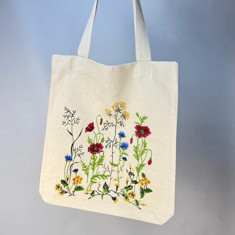 Embroidered Wildflower Cotton Tote Bag, Natural Eco Shoulder Bag