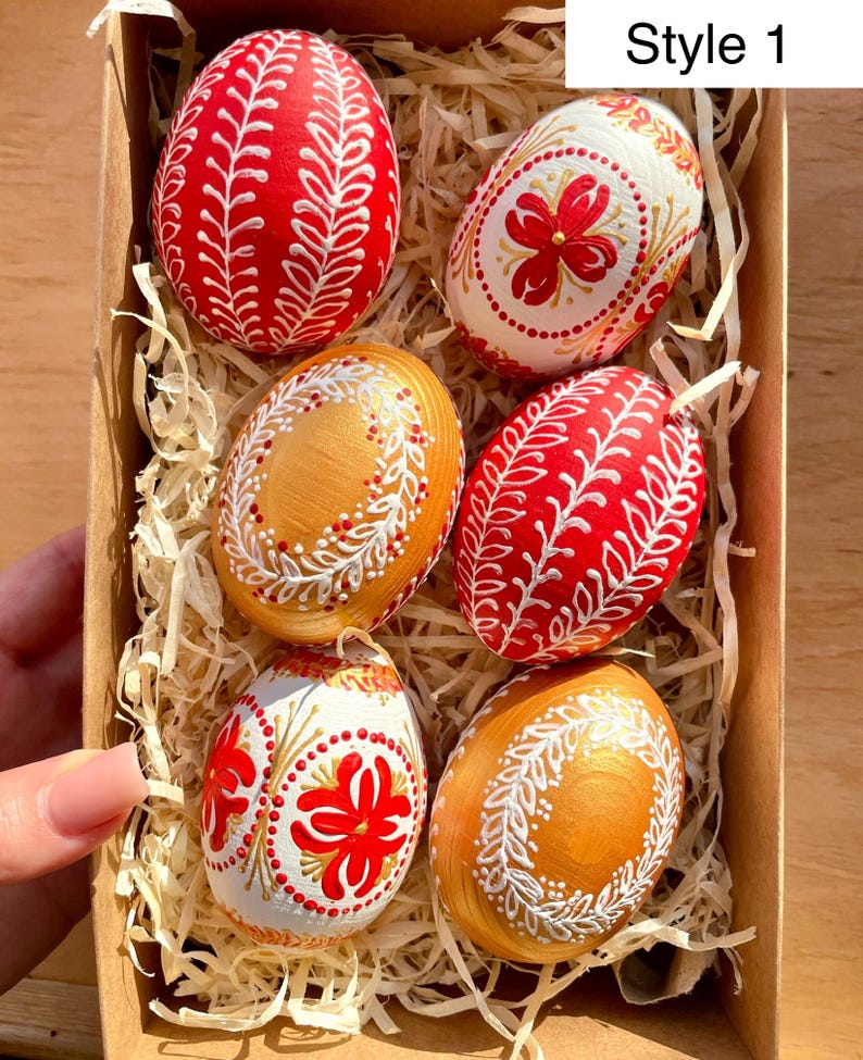 Set of 6 hand painted Easter eggs, Red gold white Ukrainian pysanky, Style decorative eggs, Gift box, Spring holiday ornament