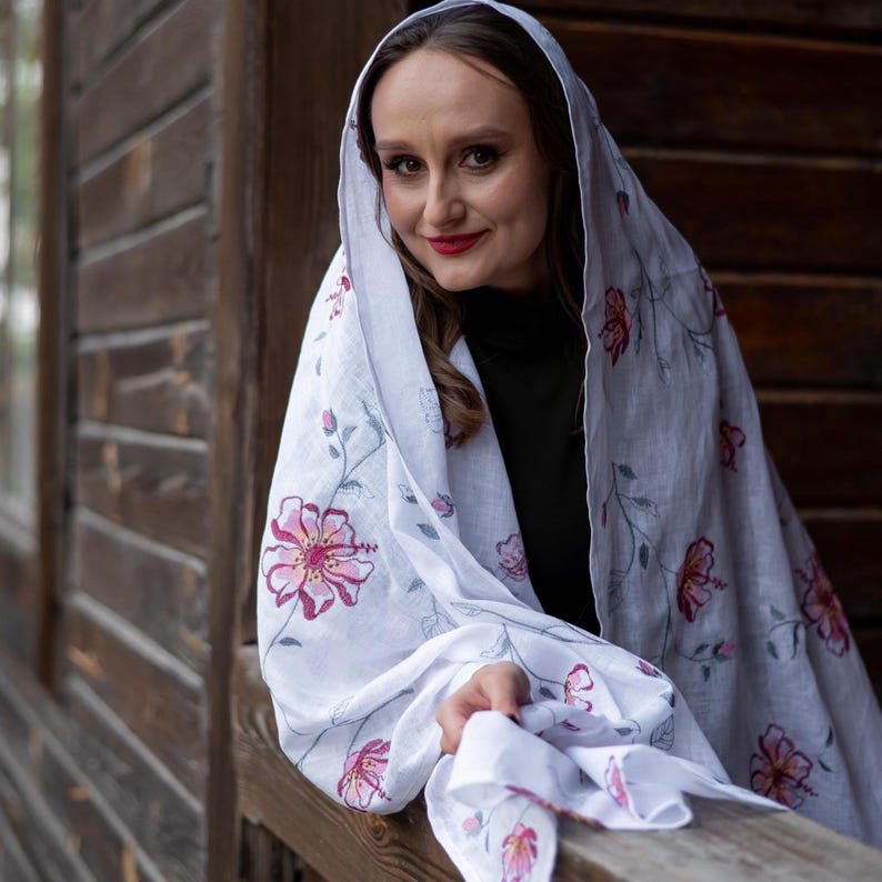 Embroidered linen shawl with pink flowers, floral linen scarf, embroidered wrap scarf, womens linen shawl, boho floral scarf