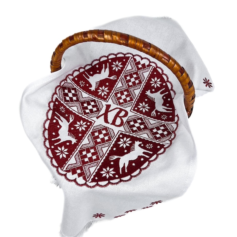 Red Embroidered Easter Basket Cover, Traditional Ukrainian Pascha Ryahnyk, Cotton Fringe Towel