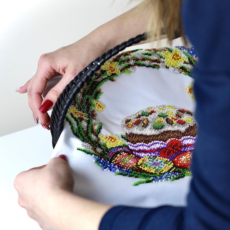 Handmade Beaded Easter Basket Cover, Orthodox Pascha Decor, Floral Embroidery, Ukrainian Cotton (32x62 cm)