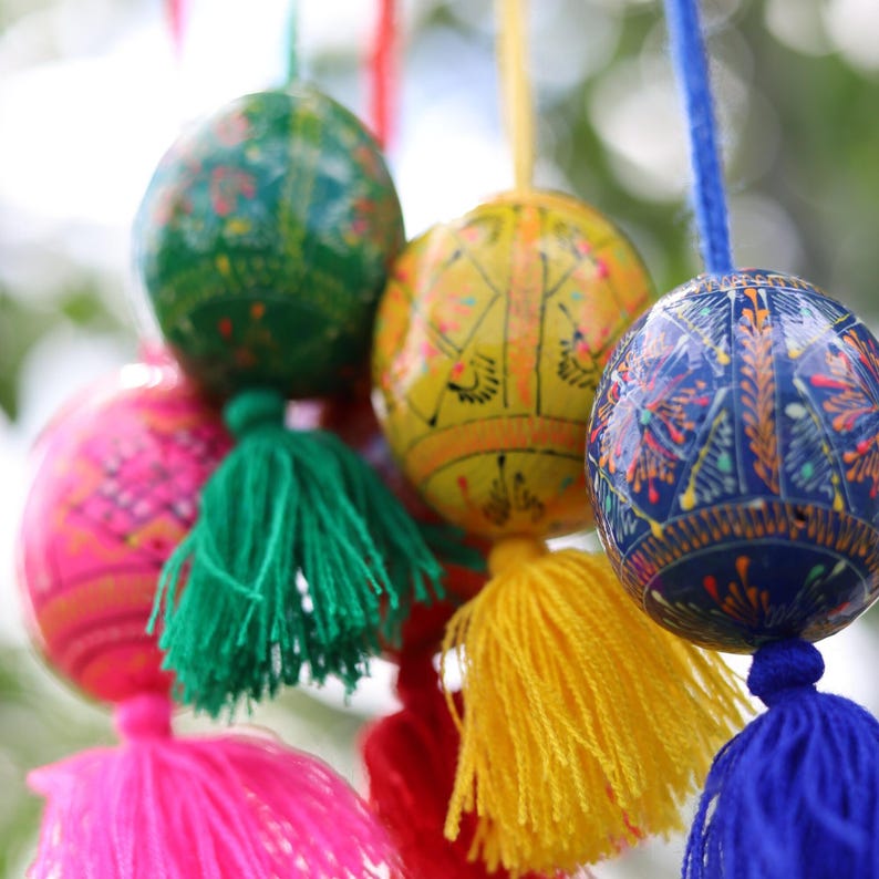 Hand-painted Ukrainian Pysanka Easter Egg Ornaments with Tassels, Folk Art Decor