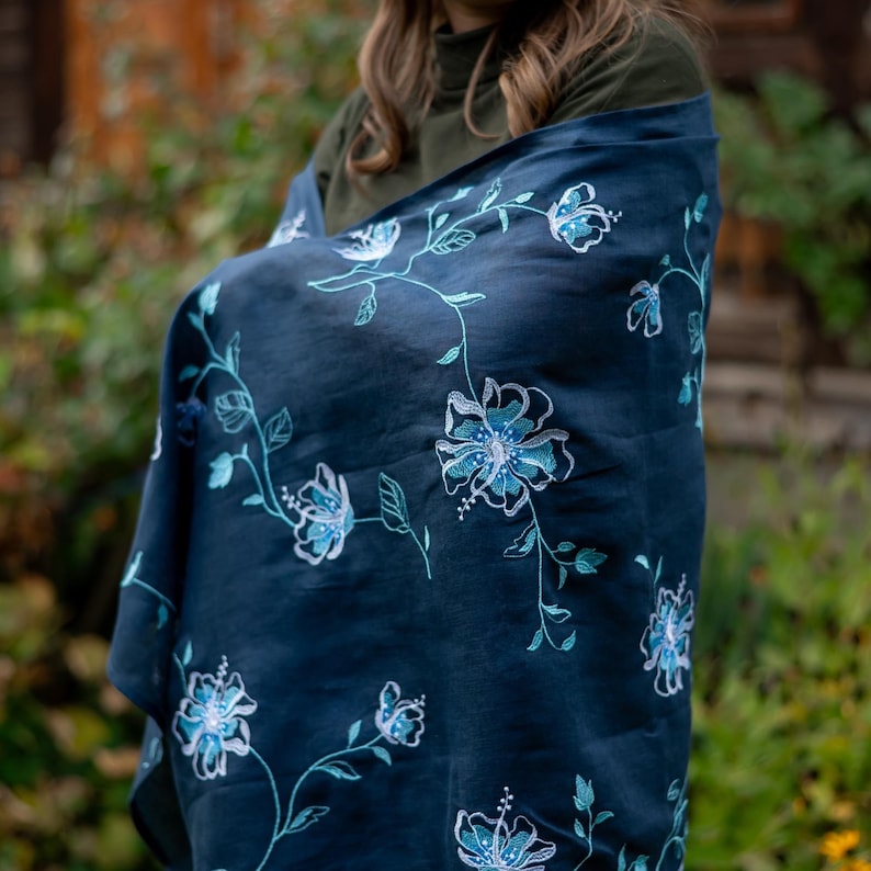 Dark Blue Linen Scarf with Floral Embroidery, Bohemian Wrap, Lightweight Shawl