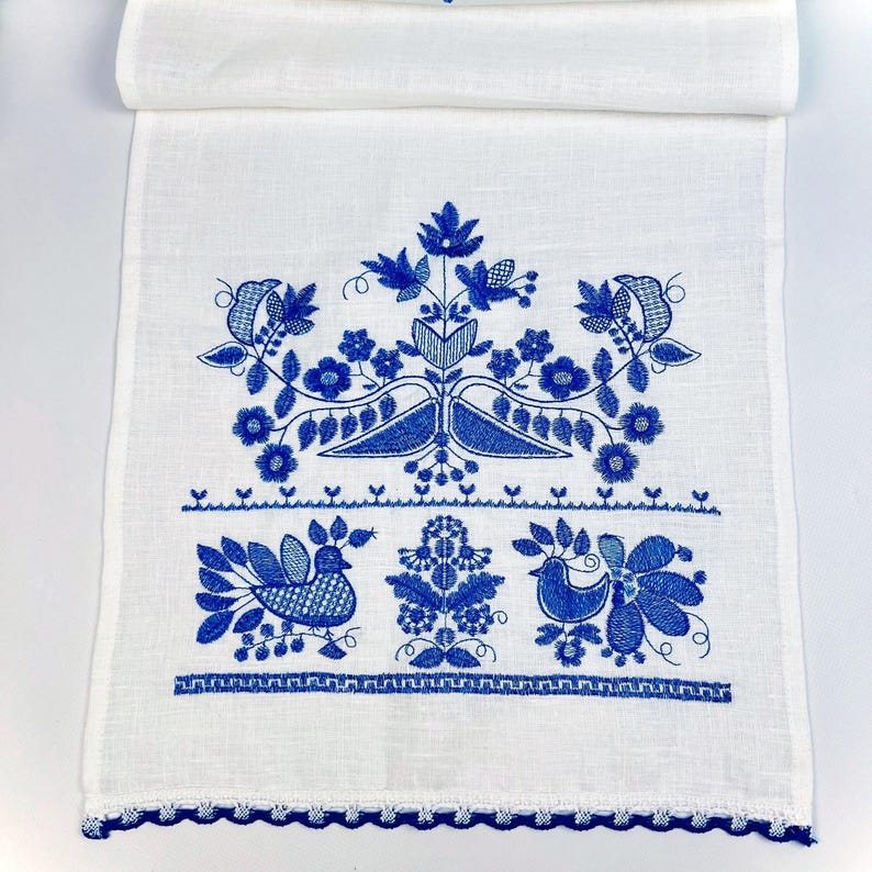 Blue linen wedding towel, Wedding towel with embroidery, Ukrainian ethnic runner with embroidered birds, Ukrainian gift